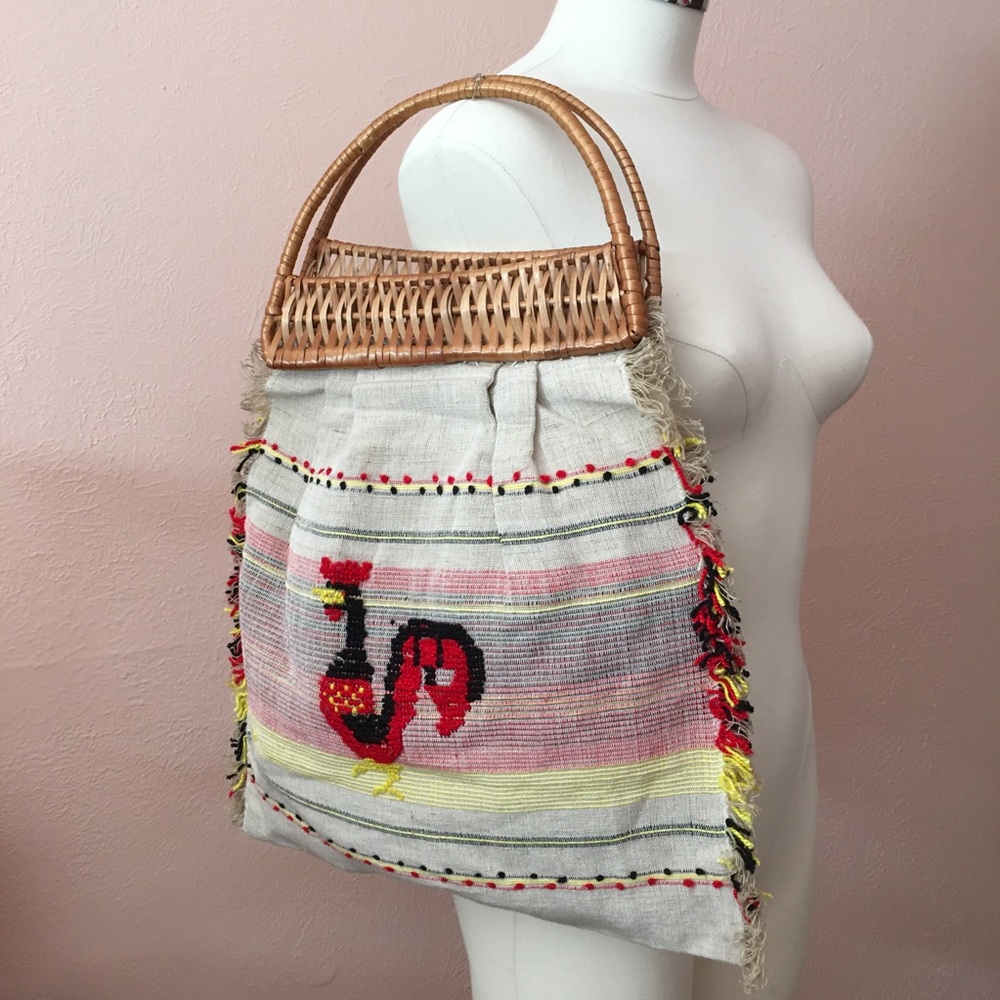 Vintage 1950 Retro Fabric Straw Rooster top handle made in Italy Market Tote Bag - Picture 14 of 14